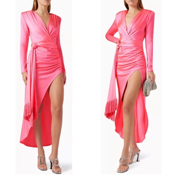 Bronx and Banco Electric Barbie Pink Fringe Belted Maxi Dress Size Medium - Picture 4 of 10